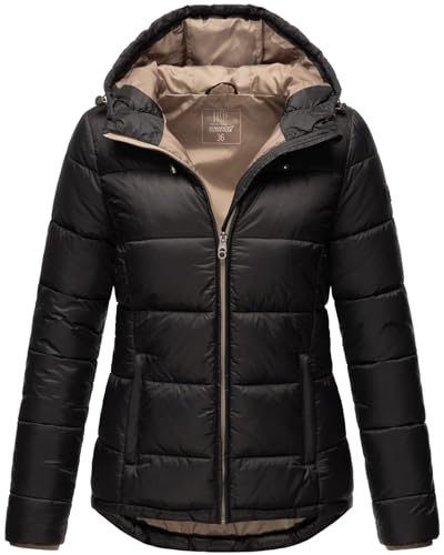 MARIKOO Damen Steppjacke gesteppte Winterjacke mit Kapuze B927-Leand-Schwarz-Gr.36 von MARIKOO