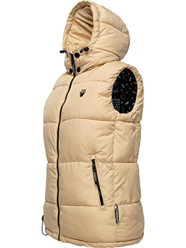 MARIKOO Damen Steppweste warm gefüttert mit Abnehmbarer Kapuze Eisflöckchen Beige Gr. L von MARIKOO