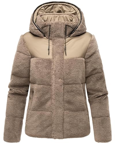 MARIKOO Damen Teddy-Fleecejacke warme Übergangsjacke Gesteppte Plüschjacke in angesagtem Materialmix mit Kapuze Kaguraa 16 Stone Brown Gr. S von MARIKOO