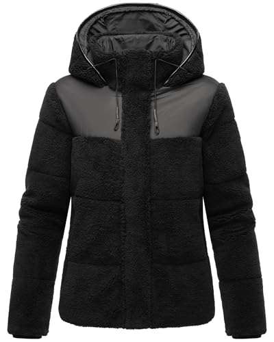 MARIKOO Damen Teddyfleece-Jacke warme Gesteppte Plüschjacke in angesagtem Materialmix mit Kapuze Kaguraa 16 Black Gr. L von MARIKOO