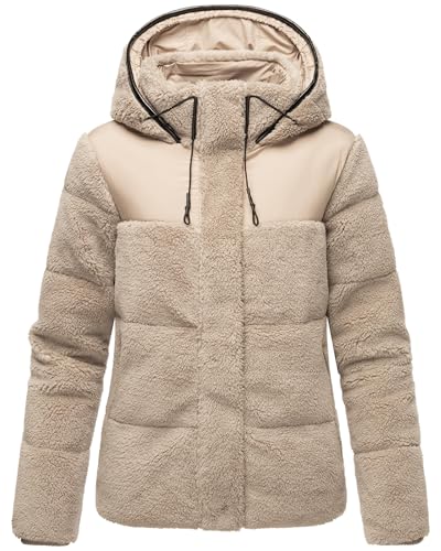 MARIKOO Damen Teddy-Fleecejacke warme Übergangsjacke Gesteppte Plüschjacke in angesagtem Materialmix mit Kapuze Kaguraa 16 Light Taupe Gr. XL von MARIKOO