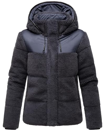 MARIKOO Damen Teddy-Fleecejacke warme Übergangsjacke Gesteppte Plüschjacke in angesagtem Materialmix mit Kapuze Kaguraa 16 Navy Gr. L von MARIKOO
