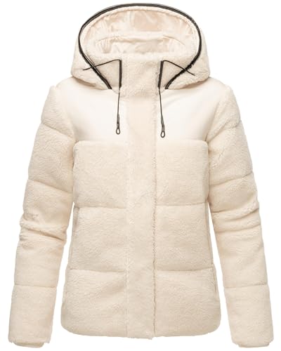 MARIKOO Damen Teddy-Fleecejacke warme Übergangsjacke Gesteppte Plüschjacke in angesagtem Materialmix mit Kapuze Kaguraa 16 Off White Gr. L von MARIKOO