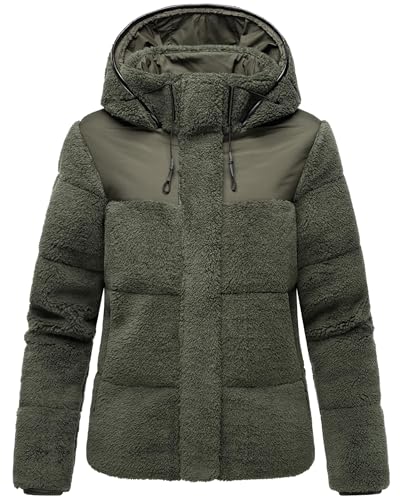 MARIKOO Damen Teddy-Fleecejacke warme Übergangsjacke Gesteppte Plüschjacke in angesagtem Materialmix mit Kapuze Kaguraa 16 Olive Gr. XL von MARIKOO