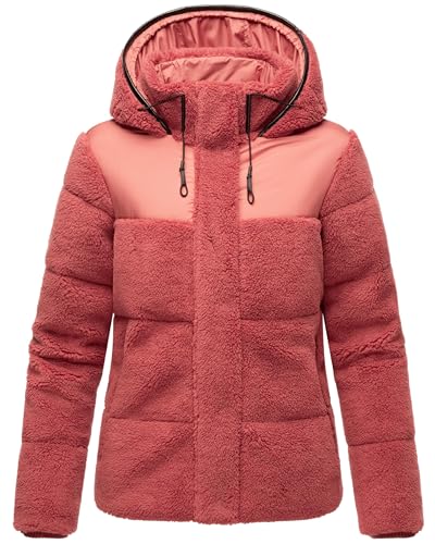 MARIKOO Damen Teddy-Fleecejacke warme Übergangsjacke Gesteppte Plüschjacke in angesagtem Materialmix mit Kapuze Kaguraa 16 Rouge Gr. L von MARIKOO