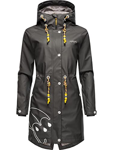 MARIKOO Damen Übergangsjacke Regenmantel wasserdicht lang warm gefüttert mit Kapuze Dancing Umbrella Anthracite Gr. S von MARIKOO