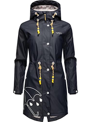 MARIKOO Damen Übergangsjacke Regenmantel wasserdicht lang warm gefüttert mit Kapuze Dancing Umbrella Navy Gr. S von MARIKOO