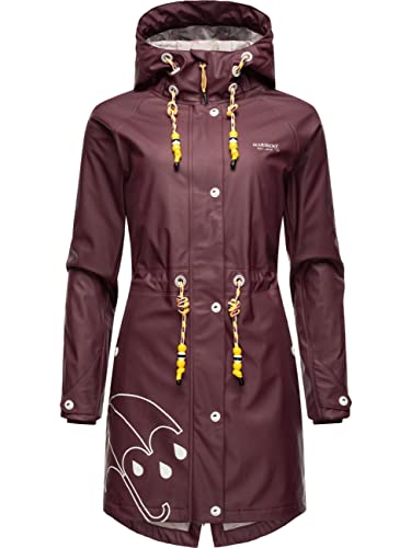 MARIKOO Damen Übergangsjacke Regenmantel wasserdicht lang warm gefüttert mit Kapuze Dancing Umbrella Wine Gr. L von MARIKOO