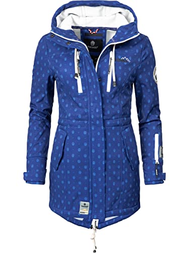 MARIKOO Damen Übergangsjacke Softshellmantel wasserdicht atmungsaktiv mit Kapuze Zimtzicke Blue Dots Gr. XS von MARIKOO