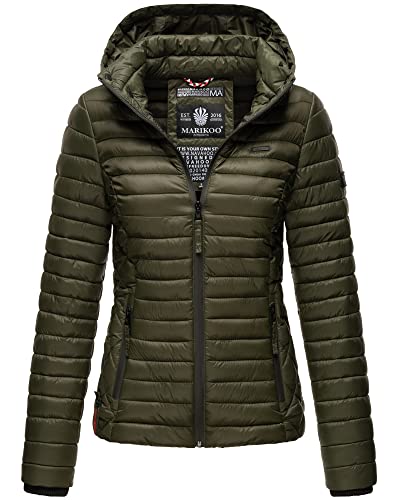 MARIKOO Damen Übergangsjacke Steppjacke mit Kapuze gesteppt 21 Farben XS-XXL Samtpfote (Olive, XL) von MARIKOO