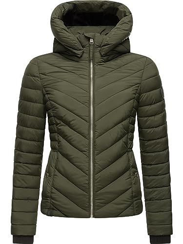 MARIKOO Damen Übergangsjacke leichte Steppjacke kurz mit Abnehmbarer Kapuze Kagomee Dark Olive Gr. L von MARIKOO