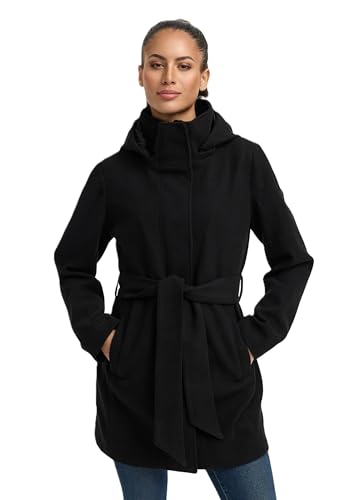 MARIKOO Damen Übergangsmantel (XS-3XL) - Eleganter Mantel mit Taillengürtel, abnehmbarer Kapuze, 2-Wege-Reißverschluss, Warme Jacke Frauen - N047 (XXL, Schwarz) von MARIKOO