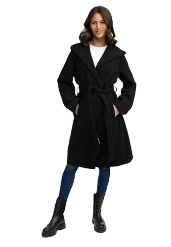 MARIKOO Damen Übergangsmantel (XS-3XL) - Eleganter Wickel Mantel mit Taillengürtel, Oversized Hood Kapuze, Warme Jacke Frauen - N046 (S, Schwarz) von MARIKOO