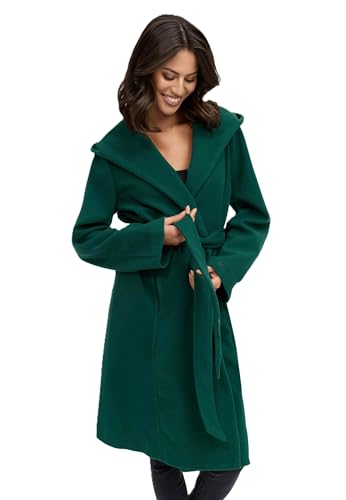 MARIKOO Damen Übergangsmantel (XS-3XL) - Eleganter Wickel Mantel mit Taillengürtel, Oversized Hood Kapuze, Warme Jacke Frauen - N046 (XL, Evergreen) von MARIKOO