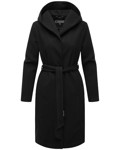 MARIKOO Damen Übergangsmantel lang Wickelmantel Leichter Trenchcoat in Wolloptik mit Taillengürtel und Kapuze Kailii 16 Black Gr. XXL von MARIKOO