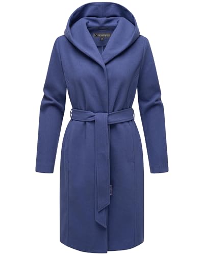 MARIKOO Damen Übergangsmantel lang Wickelmantel Leichter Trenchcoat in Wolloptik mit Taillengürtel und Kapuze Kailii 16 Blue Violet Gr. M von MARIKOO