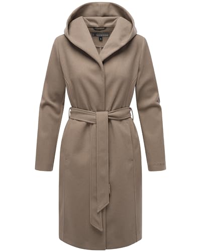 MARIKOO Damen Übergangsmantel lang Wickelmantel Leichter Trenchcoat in Wolloptik mit Taillengürtel und Kapuze Kailii 16 Dark Taupe Gr. M von MARIKOO