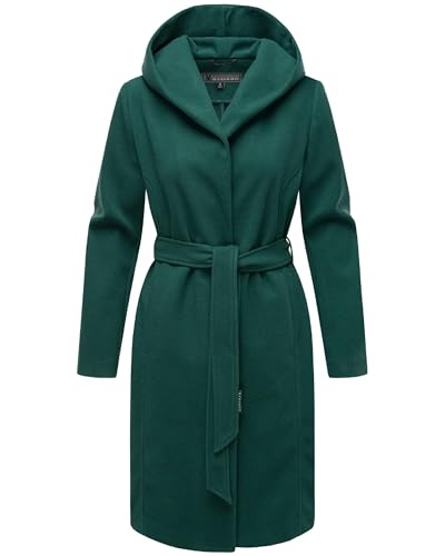 MARIKOO Damen Übergangsmantel lang Wickelmantel Leichter Trenchcoat in Wolloptik mit Taillengürtel und Kapuze Kailii 16 Evergreen Gr. XL von MARIKOO