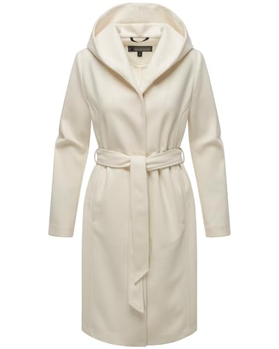 MARIKOO Damen Übergangsmantel lang Wickelmantel Leichter Trenchcoat in Wolloptik mit Taillengürtel und Kapuze Kailii 16 Off White Gr. XS von MARIKOO