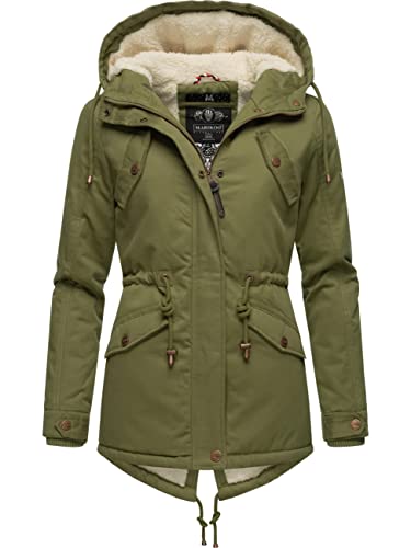 MARIKOO Damen Warmer Winter Kurzmantel mit Kapuze Manolya Dusty Olive Gr. L von MARIKOO