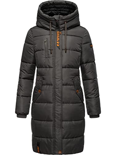 MARIKOO Damen Wintermantel warmer Steppmantel lang mit Brusttasche und verstellbarer Kapuze Yuikoo Anthracite Gr. M von MARIKOO