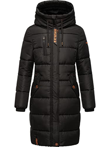 MARIKOO Damen Wintermantel warmer Steppmantel lang mit Brusttasche und verstellbarer Kapuze Yuikoo Black Gr. S von MARIKOO