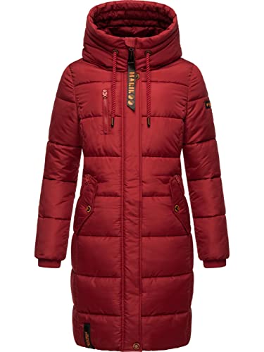 MARIKOO Damen Wintermantel warmer Steppmantel lang mit Brusttasche und verstellbarer Kapuze Yuikoo Blood Red Gr. M von MARIKOO