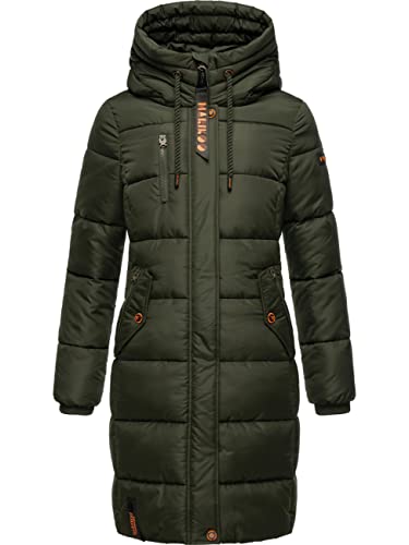 MARIKOO Damen Wintermantel warmer Steppmantel lang mit Brusttasche und verstellbarer Kapuze Yuikoo Dark Olive Gr. M von MARIKOO