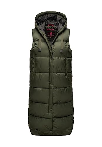 MARIKOO Damen Weste Steppweste lang gesteppte Übergangsweste Kapuze warm B967 [B967-Sayor-Dark-Olive-Gr.XXL] von MARIKOO