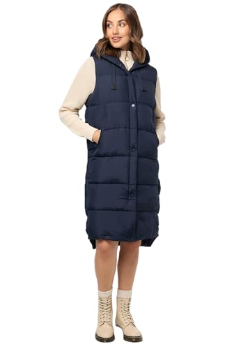 MARIKOO Damen Weste Steppweste lang gesteppte Übergangsweste Kapuze warm B967 [B967-Sayor-Navy-Gr.S] von MARIKOO