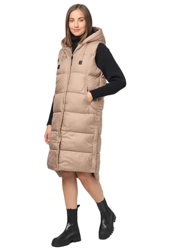 MARIKOO Damen Weste Steppweste lang gesteppte Übergangsweste Kapuze warm B967 [B967-Sayor-Taupe-Grey-Gr.L] von MARIKOO