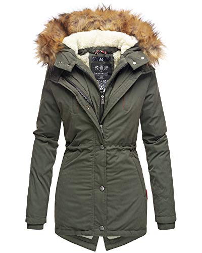 MARIKOO Damen Winter Jacke Parka Gefüttert mit Kapuze & Kunstpelz Olive 36 - S von MARIKOO