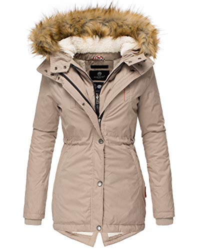 MARIKOO Damen Winter Jacke Parka Gefüttert mit Kapuze & Kunstpelz Taupe 34 - XS von MARIKOO