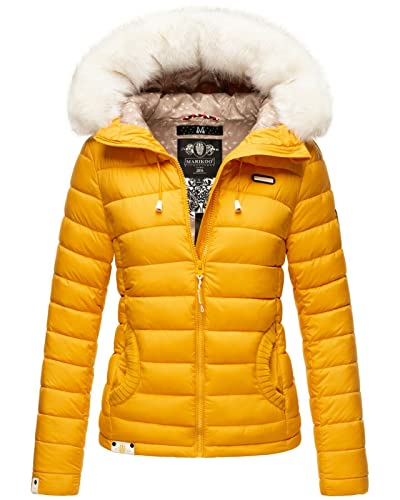 MARIKOO Damen Winter Jacke Parka Steppjacke Kunstfell Gesteppt Kapuzen Jacke Nasriin, Farbe:Gelb, Größe:S 36 von MARIKOO