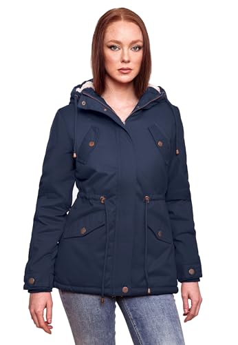 MARIKOO Damen Winter Jacke Parka Winterjacke Teddyfell gefüttert B376 [B376-Manolya-Blau-Gr.M] von MARIKOO