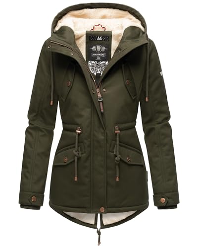 MARIKOO Damen Winter Jacke Parka Winterjacke Teddyfell gefüttert B376 [B376-Manolya-Dark-Olive-Gr.3XL] von MARIKOO