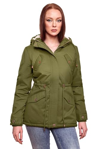 MARIKOO Damen Winter Jacke Parka Winterjacke Teddyfell gefüttert B376 [B376-Manolya-Dusty-Olive-Gr.M] von MARIKOO