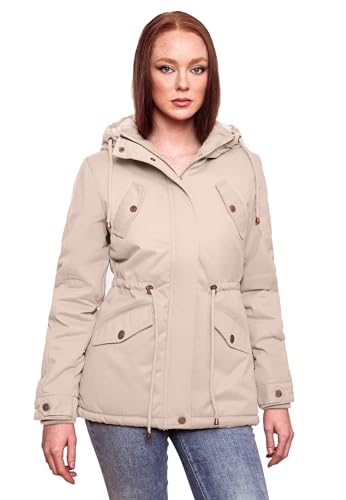 MARIKOO Damen Winter Jacke Parka Winterjacke Teddyfell gefüttert B376 [B376-Manolya-Taupe-Gr.L] von MARIKOO