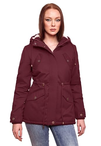 MARIKOO Damen Winter Jacke Parka Winterjacke Teddyfell gefüttert B376 [B376-Manolya-Weinrot-Gr.L] von MARIKOO