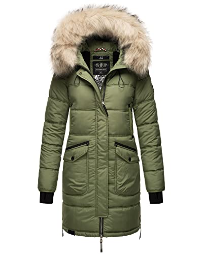 MARIKOO Damen Winter Jacke Stepp Parka Mantel Winterjacke warm gefüttert Kunstpelz CHASKAA XS-XXXL (Olive, XL) von MARIKOO