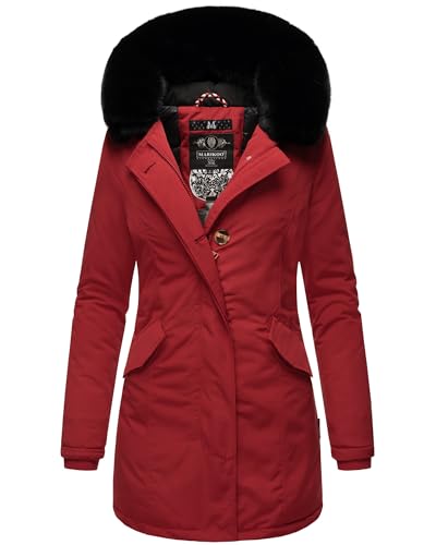 MARIKOO Damen Winter Jacke Stepp Parka Mantel Winterjacke warm gefüttert Kunstpelz KARMAA XS-XXL (DE/NL/SE/PL, Alphanumerisch, M, Regular, Regular, Blood Red mit Schwarzem Fell) von MARIKOO