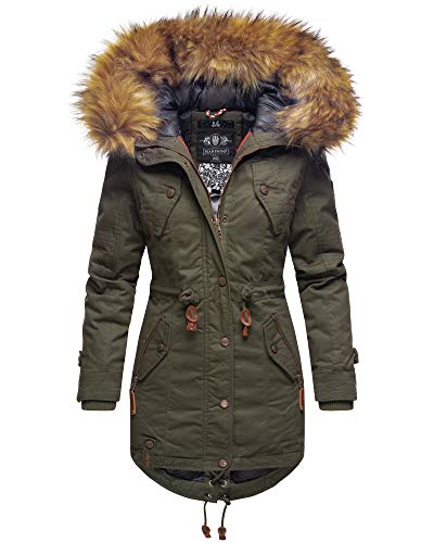 MARIKOO Damen Winter Jacke Stepp Parka Mantel Winterjacke warm gefüttert Kunstpelz LA VIVA S-XXL (XXL, Olive) von MARIKOO