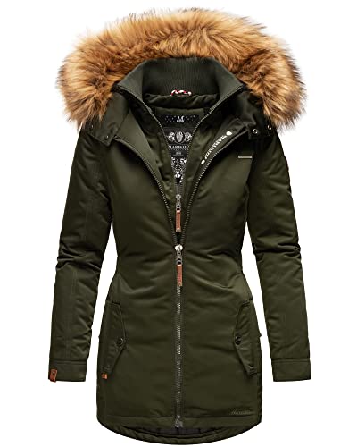 MARIKOO Damen Winter Jacke Stepp Parka Mantel Winterjacke warm gefüttert Kunstpelz SANAKOO S-XXL (M, Olive) von MARIKOO