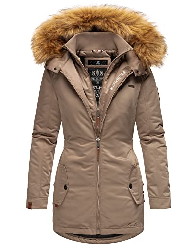 MARIKOO Damen Winter Jacke Stepp Parka Mantel Winterjacke warm gefüttert Kunstpelz SANAKOO S-XXL (M, Taupe) von MARIKOO