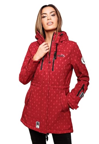 MARIKOO Damen Softshelljacke (XS-3XL) mit Kapuze - Wasserabweisend, Fleece innen, Tasche am Arm, Mantel, Warme Jacke Frauen B614 (XXL, Rot-Muster) von MARIKOO