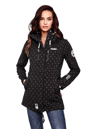 MARIKOO Damen Softshelljacke (XS-3XL) mit Kapuze - Wasserabweisend, Fleece innen, Tasche am Arm, Mantel, Warme Jacke Frauen B614 (M, Schwarz-Muster) von MARIKOO
