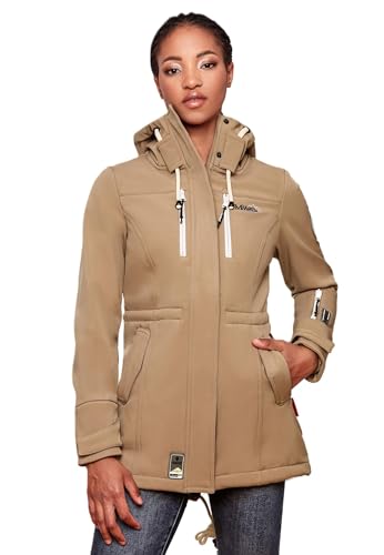 MARIKOO Damen Softshelljacke (XS-3XL) mit Kapuze - Wasserabweisend, Fleece innen, Tasche am Arm, Mantel, Warme Jacke Frauen B614 (XXL, Taupe-Grey) von MARIKOO