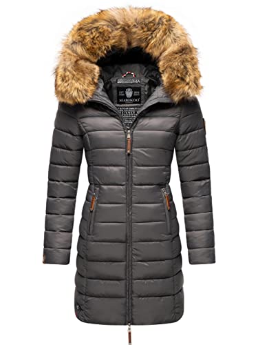 MARIKOO Damen Wintermantel warmer Steppmantel lang mit Kapuze und abnehmbarem Kunstfell-Kragen Rose Anthrazit Gr. L von MARIKOO