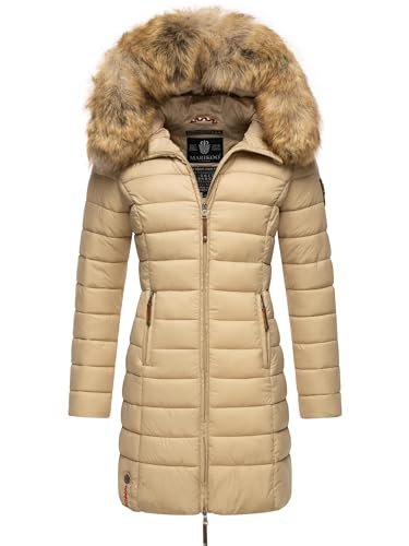MARIKOO Damen Wintermantel warmer Steppmantel lang mit Kapuze und abnehmbarem Kunstfell-Kragen Rose Beige Gr. S von MARIKOO