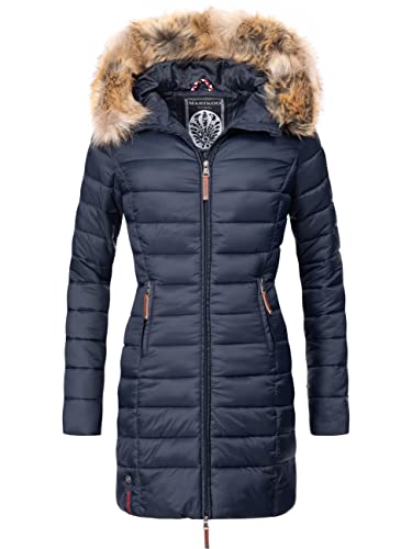 MARIKOO Damen Wintermantel warmer Steppmantel lang mit Kapuze und abnehmbarem Kunstfell-Kragen Rose Blau Gr. 5XL von MARIKOO